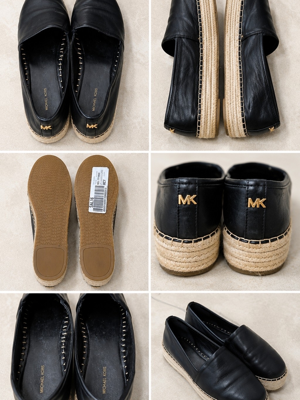Michael Kors Black Leather Espadrille Slip-On Loafers with Gold MK Accent - Picture 2 of 2